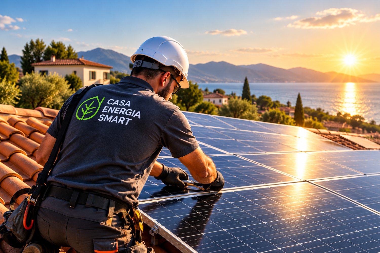 Tecnico installatore su tetto con pannelli fotovoltaici in abitazione mediterranea